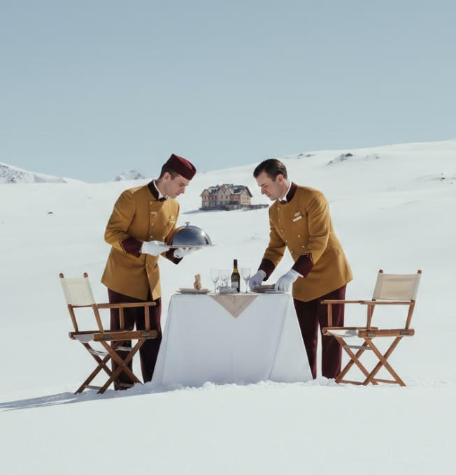 Servicio de concierge preparando una mesa en la nieve